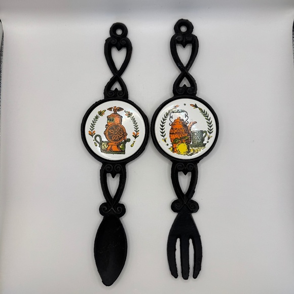 Vintage Cast Metal and Ceramic Tile Spoon and Fork Kitchen Decor. Coffee and Tea - Picture 1 of 7
